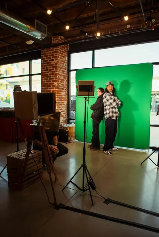 Holiday party guests in winter wonderland green screen scene