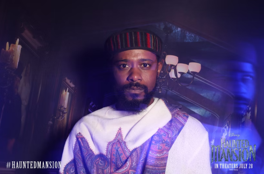 A guy standing in haunted house with a ghost looking at him