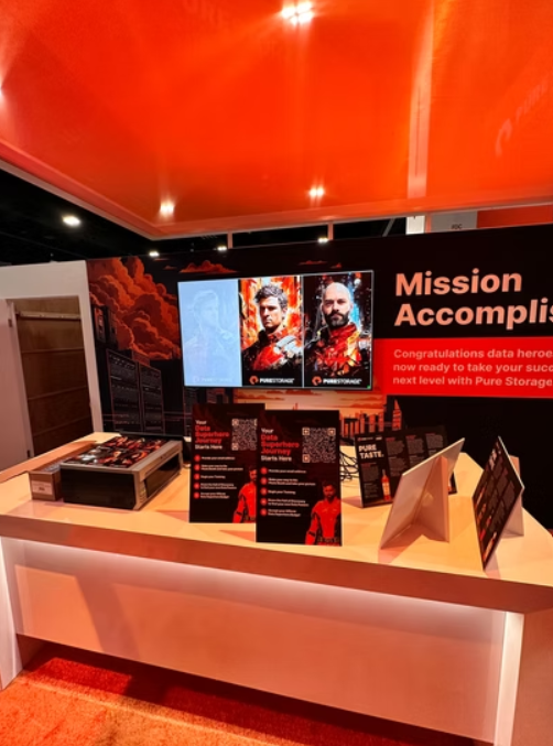 Pure Storage AI booth with superhero example