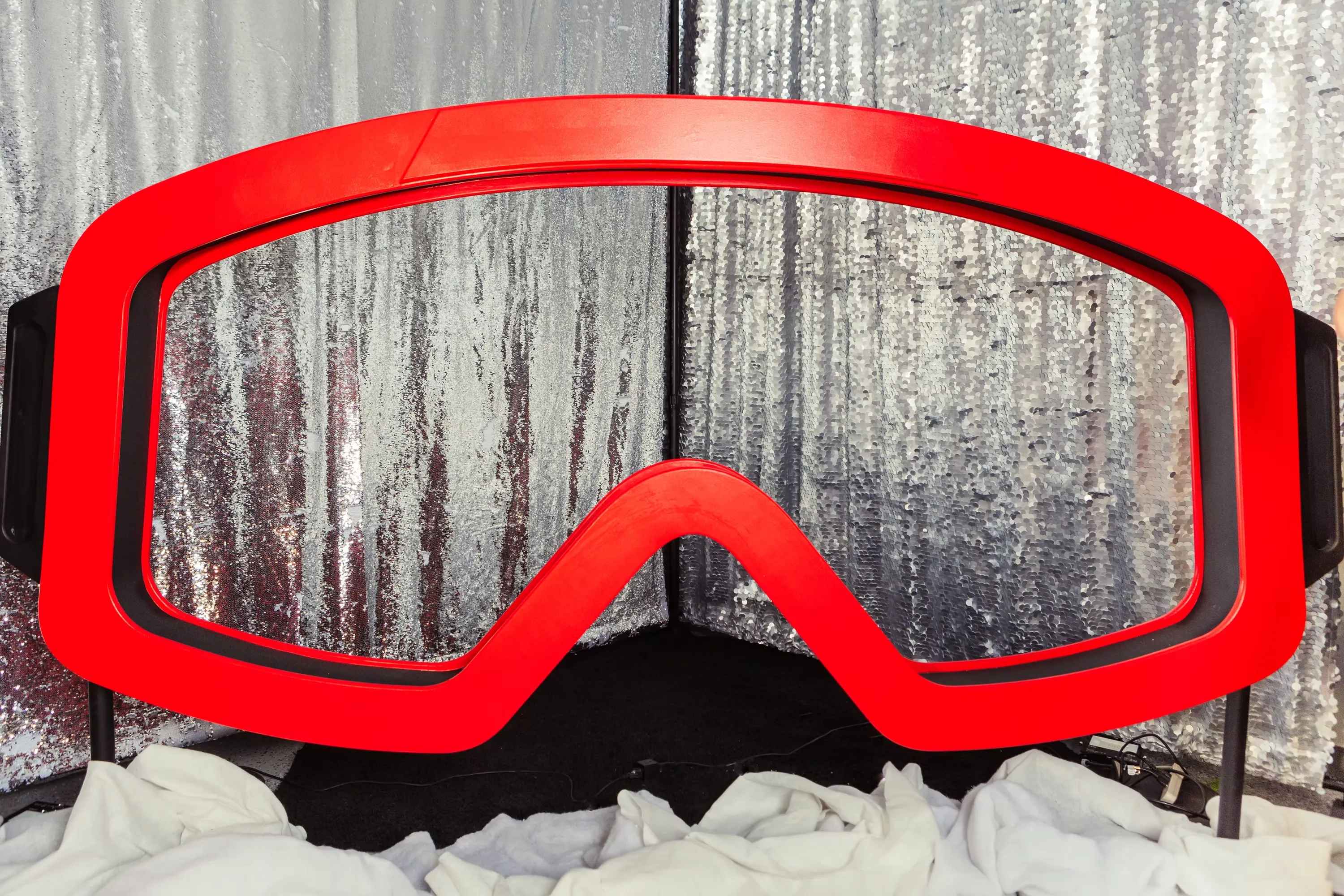 Winter themed photo booth set with ski goggle design perfect for holiday parties and celebrations